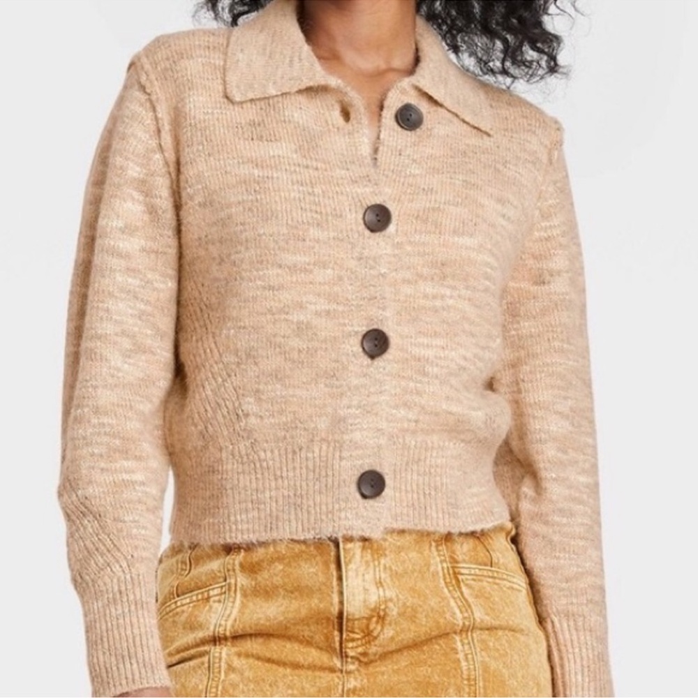 Universal Thread Cropped Knit Button Front Cardigan Sweater Beige Size XS